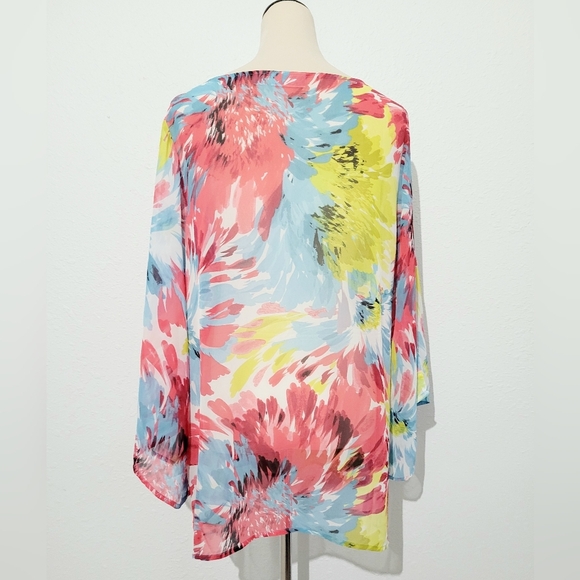 Susan Graver Women's M Sheer Floral Split Sleeve Blouse Top Multicolor Pullover - Picture 5 of 11